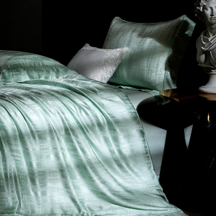 91家纺网 家纺一手货源 找家纺 晋瑞 红顶鹅绒馆 2025真丝天丝大提花四件套 爵士水墨绿