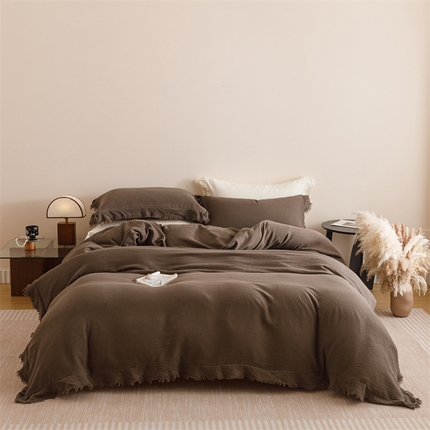 91家纺网 家纺一手货源 找家纺 瑞米家居 2025新款皱皱纱四件套 棕色