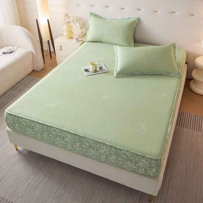 91家纺网 家纺一手货源 找家纺 鑫琪莱 2025新款5D立体雕花凉感豆豆冰丝席凉席席子系列 床笠款-迷你-果绿