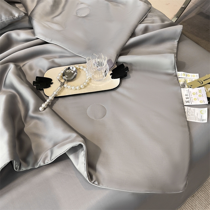 91家纺网 家纺一手货源 找家纺 雯豆天丝夏被纯色拼色A类莱赛尔凉感被子轻奢夏凉被子四件套 洛神珠-轻奢灰