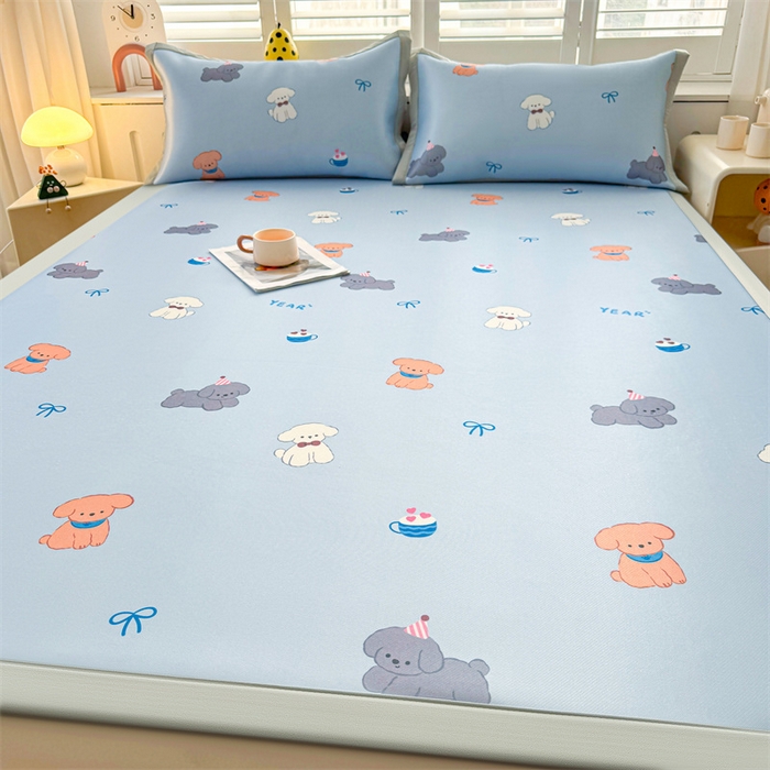 91家纺网 家纺一手货源 找家纺 雯豆2025春夏新款碳光冰丝席三件套A类凉感印花三明治凉席 碳光冰丝席-绑带款-旺财-1