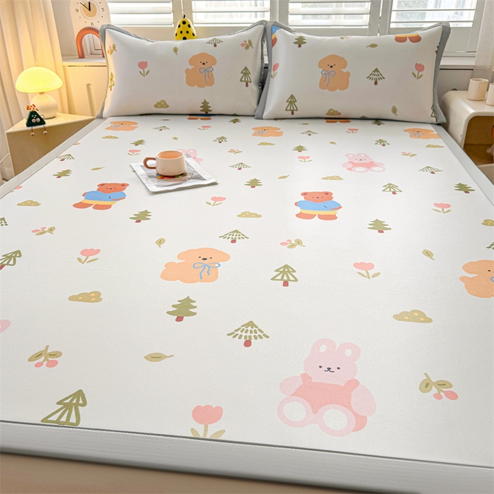 91家纺网 家纺一手货源 找家纺 雯豆2025春夏新款碳光冰丝席三件套A类凉感印花三明治凉席 碳光冰丝席-绑带款-动物乐园