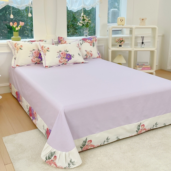 91家纺网 家纺一手货源 找家纺 铭博家纺 2025新款直播热款全棉吊边一字绣工艺款13070印花全棉单床单 宁洛薇1