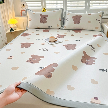 雯豆2025春夏新款碳光冰丝席三件套A类凉感印花三明治凉席 碳光冰丝席-绑带款-跳跳熊