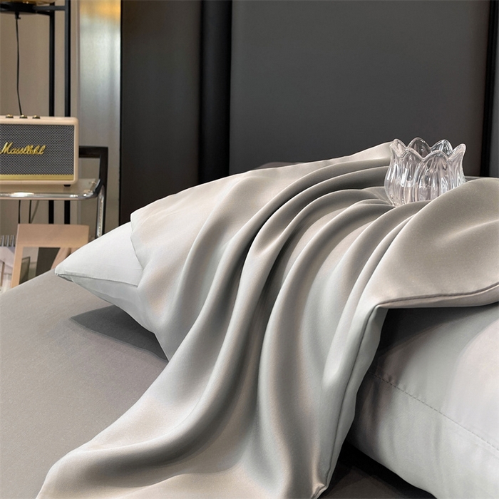 91家纺网 家纺一手货源 找家纺 雯豆天丝夏被纯色拼色A类莱赛尔凉感被子轻奢夏凉被子四件套 洛神珠-轻奢灰