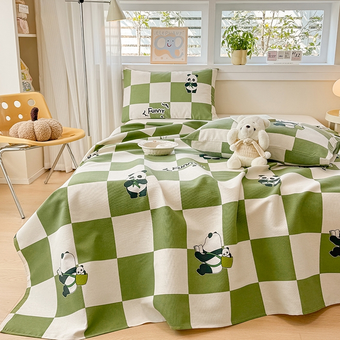 91家纺网 家纺一手货源 找家纺 博弈家纺   2025新款亲肤舒适原棉老粗布床单凉席三件套系列 可爱熊猫