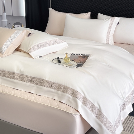 2025新款轻奢A类母婴级长绒棉全工艺刺绣四件套纯棉全棉高端春夏季爆款床上用品 诺兰-白粉