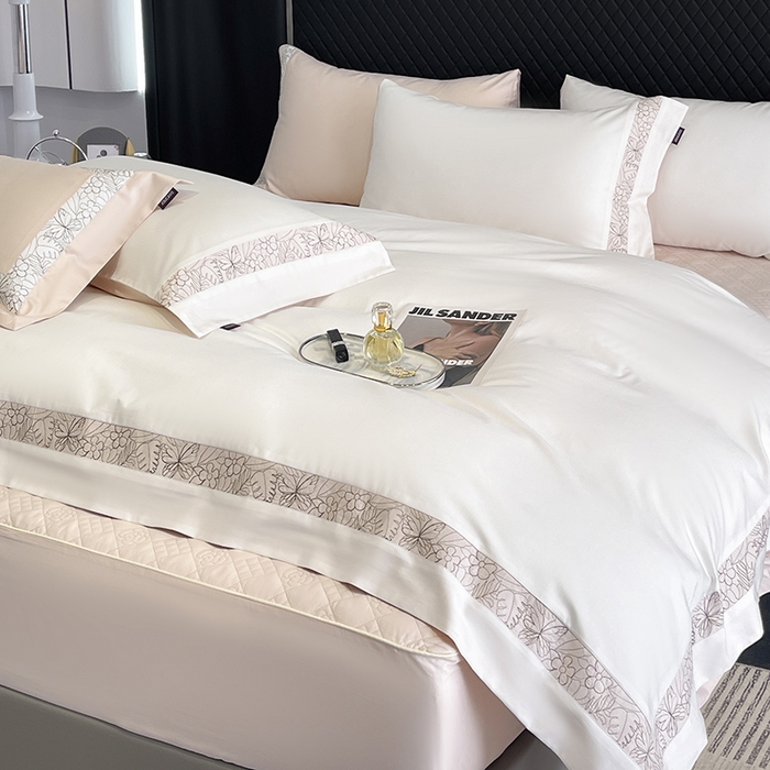 91家纺网 家纺一手货源 找家纺 2025新款轻奢A类母婴级长绒棉全工艺刺绣四件套纯棉全棉高端春夏季爆款床上用品 诺兰-白粉