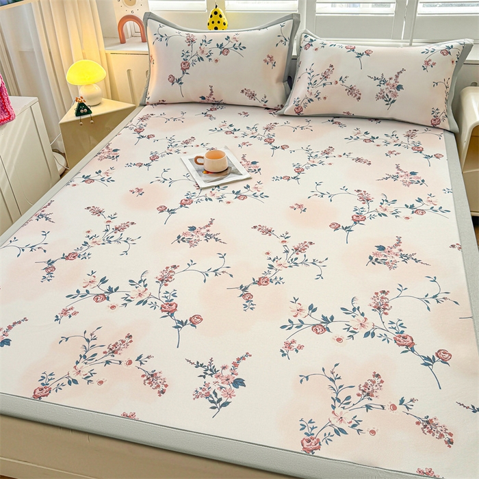 91家纺网 家纺一手货源 找家纺 雯豆2025春夏新款碳光冰丝席三件套A类凉感印花三明治凉席 碳光冰丝席-绑带款-闻香玫瑰