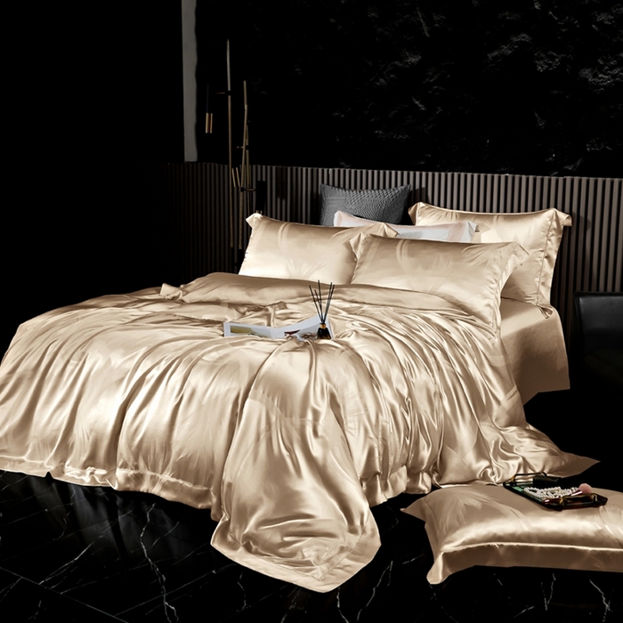 91家纺网 家纺一手货源 找家纺 晋瑞 红顶鹅绒馆 2025真丝天丝大提花四件套 七夜雪香槟