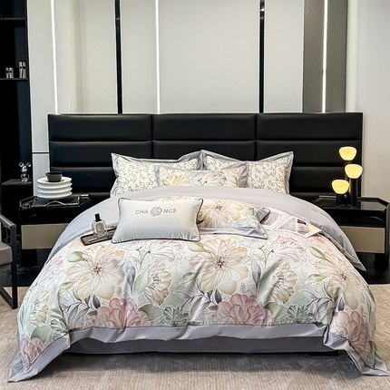 91家纺网 家纺一手货源 找家纺 天一阁 2025春夏新款莱赛尔天丝印花四件套 礼盒装【可配床盖款】 花小枝-灰