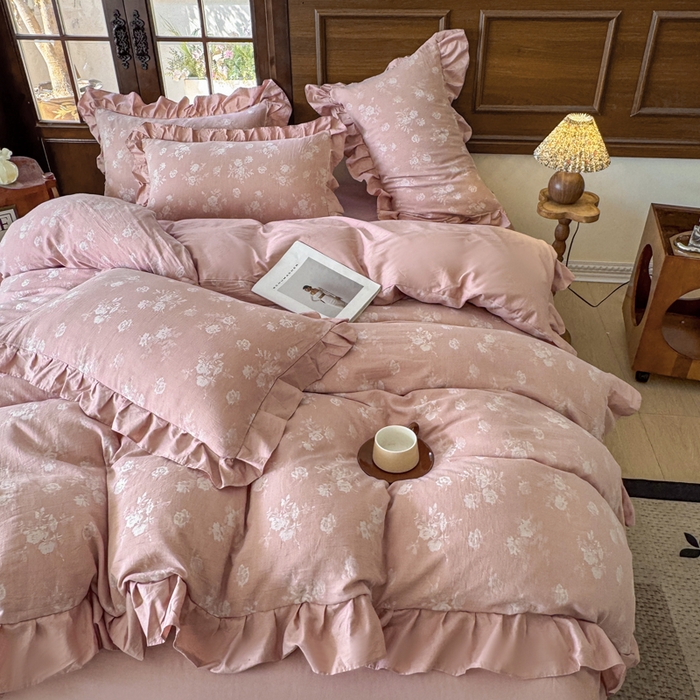 91家纺网 家纺一手货源 找家纺 锦格家纺 2025年春夏新款A类全棉纯棉色织三层纱提花四件套 森妮