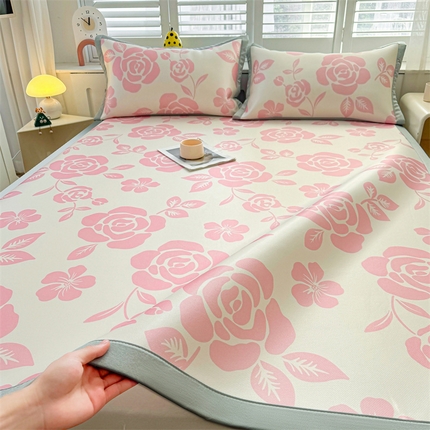 雯豆2025春夏新款碳光冰丝席三件套A类凉感印花三明治凉席 碳光冰丝席-绑带款-温语-1