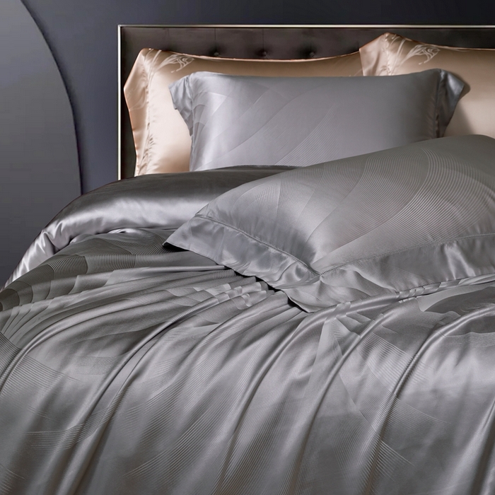 91家纺网 家纺一手货源 找家纺 晋瑞 红顶鹅绒馆 2025真丝天丝大提花四件套 陌上诗灰色