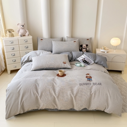 KA家纺 春夏新款A类色织水洗棉四件套 休闲英伦蓝黑大格