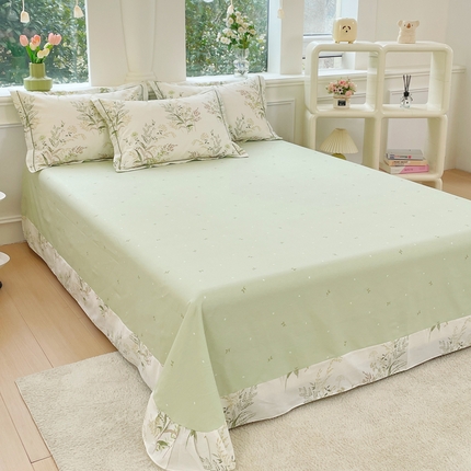 铭博家纺 2025新款直播热款全棉吊边一字绣工艺款13070印花全棉单床单 仙语草玲