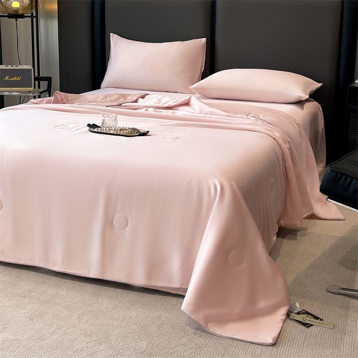 91家纺网 家纺一手货源 找家纺 雯豆天丝夏被纯色拼色A类莱赛尔凉感被子轻奢夏凉被子四件套 洛神珠-芭比粉