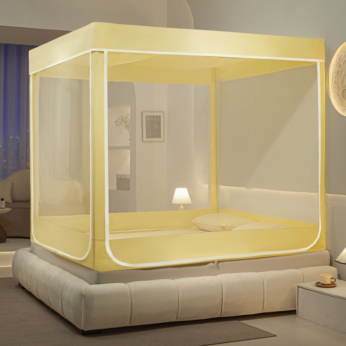 91家纺网 家纺一手货源 找家纺 兆星家纺 2025新款内穿带布帘蚊帐 纯色款 纯色-米黄（含帘）