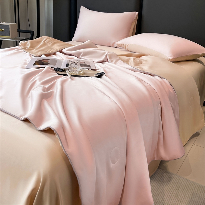 91家纺网 家纺一手货源 找家纺 雯豆天丝夏被纯色拼色A类莱赛尔凉感被子轻奢夏凉被子四件套 洛神珠-芭比粉+摩咖色