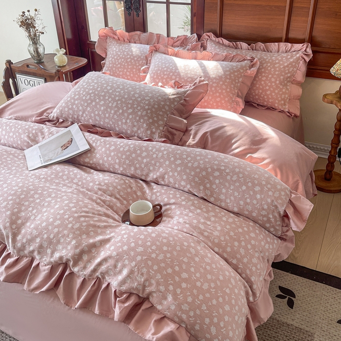 91家纺网 家纺一手货源 找家纺 锦格家纺 2025年春夏新款A类全棉纯棉色织三层纱提花四件套 莫泊玫瑰