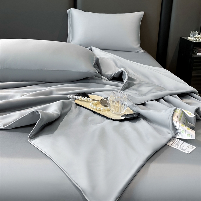 91家纺网 家纺一手货源 找家纺 雯豆天丝夏被纯色拼色A类莱赛尔凉感被子轻奢夏凉被子四件套 洛神珠-浅灰