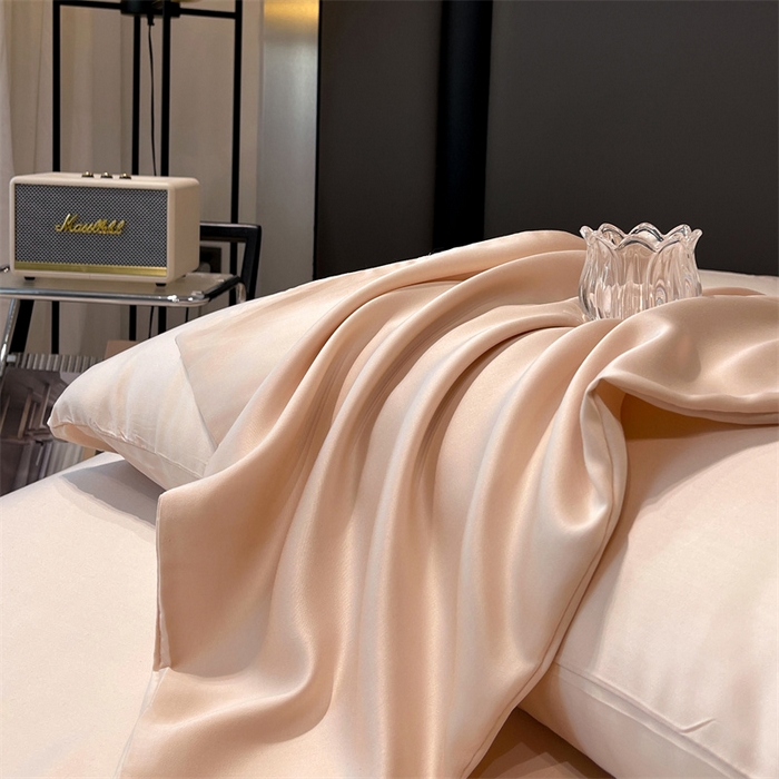 91家纺网 家纺一手货源 找家纺 雯豆天丝夏被纯色拼色A类莱赛尔凉感被子轻奢夏凉被子四件套 洛神珠-香槟金