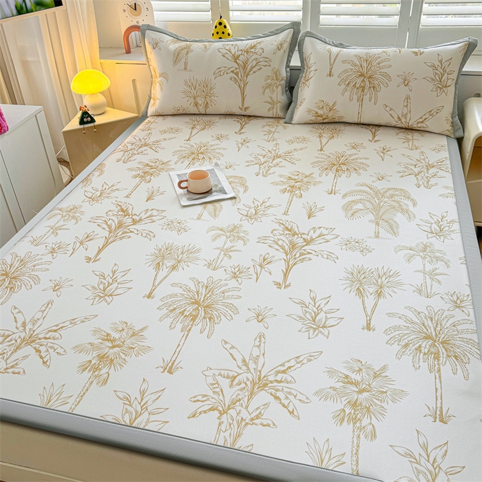 91家纺网 家纺一手货源 找家纺 雯豆2025春夏新款碳光冰丝席三件套A类凉感印花三明治凉席 碳光冰丝席-绑带款-千枝叶-1