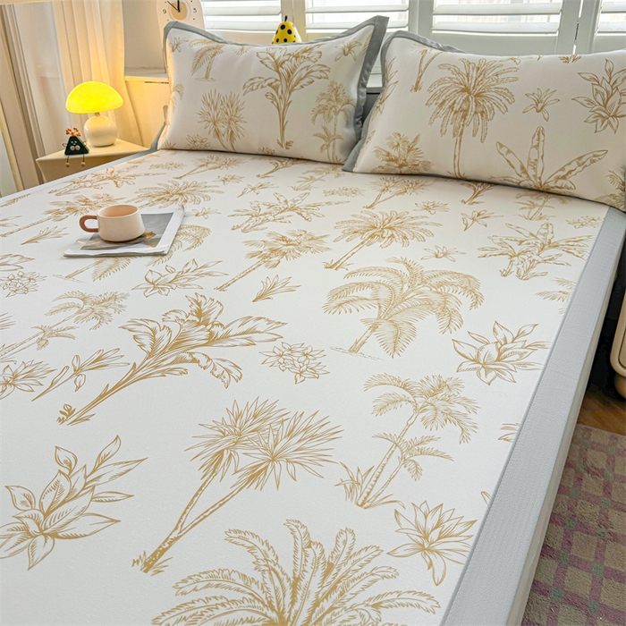 91家纺网 家纺一手货源 找家纺 雯豆2025春夏新款碳光冰丝席三件套A类凉感印花三明治凉席 碳光冰丝席-绑带款-千枝叶-1