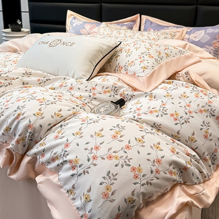 天一阁 2025春夏新款莱赛尔天丝印花四件套 礼盒装【可配床盖款】 花韵-粉