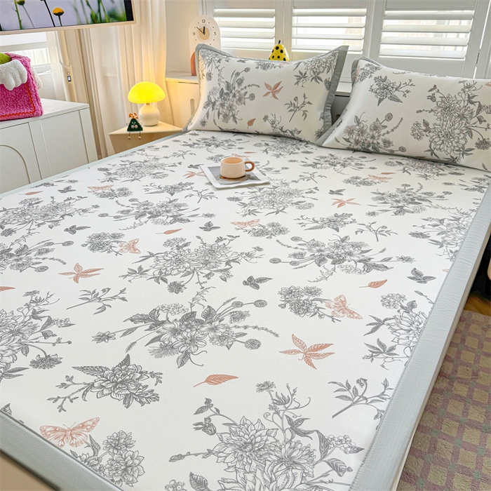 91家纺网 家纺一手货源 找家纺 雯豆2025春夏新款碳光冰丝席三件套A类凉感印花三明治凉席 碳光冰丝席-绑带款-笔墨书香