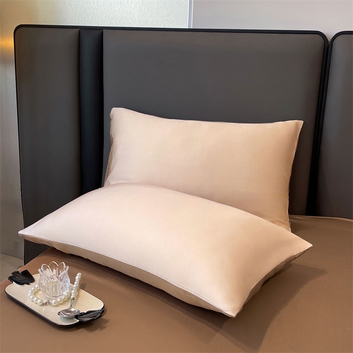 91家纺网 家纺一手货源 找家纺 雯豆天丝夏被纯色拼色A类莱赛尔凉感被子轻奢夏凉被子四件套 洛神珠-香槟金+摩咖色