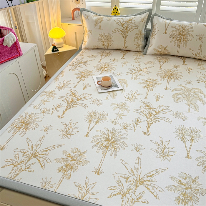 91家纺网 家纺一手货源 找家纺 雯豆2025春夏新款碳光冰丝席三件套A类凉感印花三明治凉席 碳光冰丝席-绑带款-千枝叶-1