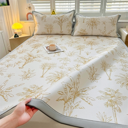 雯豆2025春夏新款碳光冰丝席三件套A类凉感印花三明治凉席 碳光冰丝席-绑带款-千枝叶-1