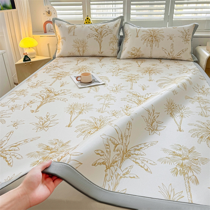 91家纺网 家纺一手货源 找家纺 雯豆2025春夏新款碳光冰丝席三件套A类凉感印花三明治凉席 碳光冰丝席-绑带款-千枝叶-1