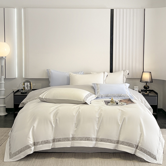 91家纺网 家纺一手货源 找家纺 2025新款轻奢A类母婴级长绒棉全工艺刺绣四件套纯棉全棉高端春夏季爆款床上用品 诺兰-白灰