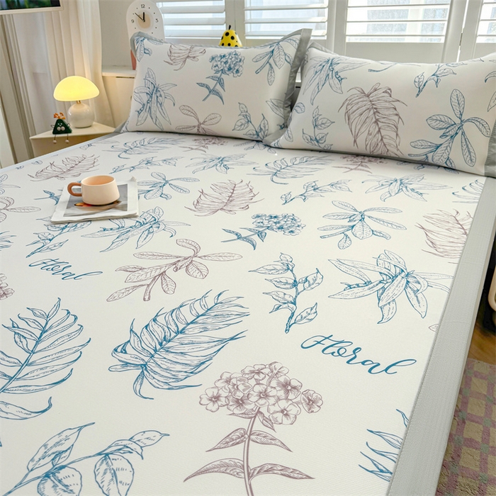 91家纺网 家纺一手货源 找家纺 雯豆2025春夏新款碳光冰丝席三件套A类凉感印花三明治凉席 碳光冰丝席-绑带款-迷失-1