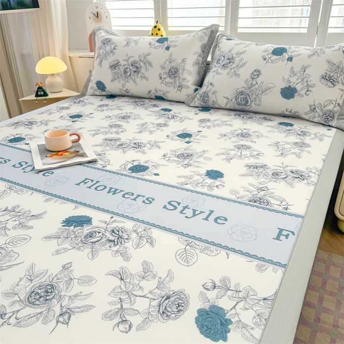 91家纺网 家纺一手货源 找家纺 雯豆2025春夏新款碳光冰丝席三件套A类凉感印花三明治凉席 碳光冰丝席-绑带款-诗韵-1