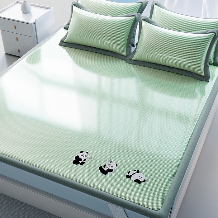 91家纺网 家纺一手货源 找家纺 眠多宝 2025新款冰丝藤席凉席可折叠空调席卡通冰丝席防滑床笠款 苹果绿（床席款）