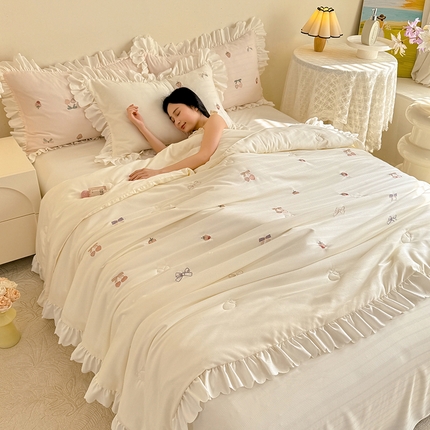 绒世界 绒世界 2025针织提花绣花小清新夏被四件套 草莓-奶白