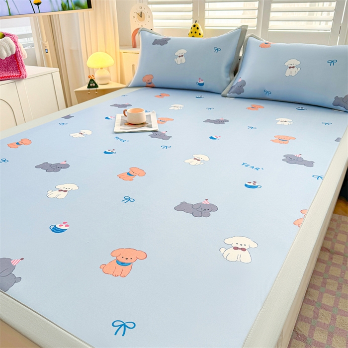 91家纺网 家纺一手货源 找家纺 雯豆2025春夏新款碳光冰丝席三件套A类凉感印花三明治凉席 碳光冰丝席-绑带款-旺财-1