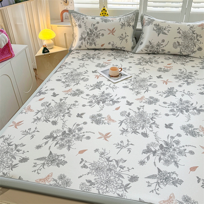 91家纺网 家纺一手货源 找家纺 雯豆2025春夏新款碳光冰丝席三件套A类凉感印花三明治凉席 碳光冰丝席-绑带款-笔墨书香