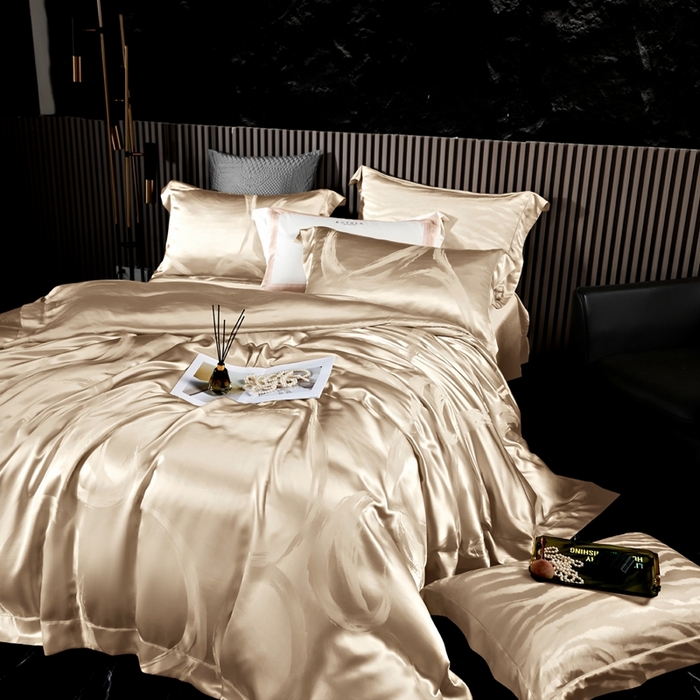 91家纺网 家纺一手货源 找家纺 晋瑞 红顶鹅绒馆 2025真丝天丝大提花四件套 芳华香槟