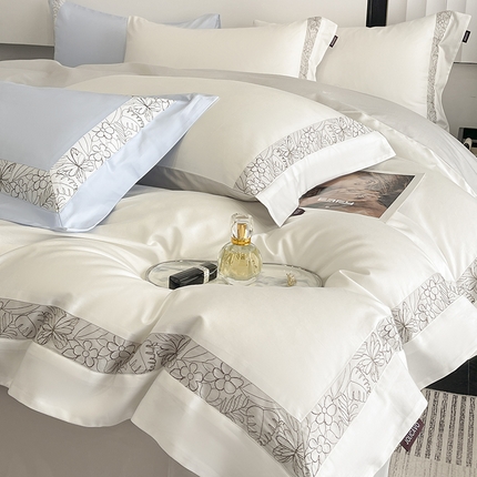 2025新款A类长绒棉夹棉床盖床笠四件套全棉纯棉纯色绗绣四季款保护罩高级感纯色床上用品 诺兰-白灰