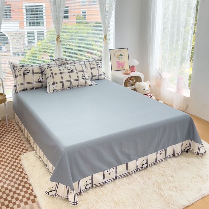 91家纺网 家纺一手货源 找家纺 铭博家纺 2025新款直播热款全棉吊边一字绣工艺款13070印花全棉单床单 趣味熊猫