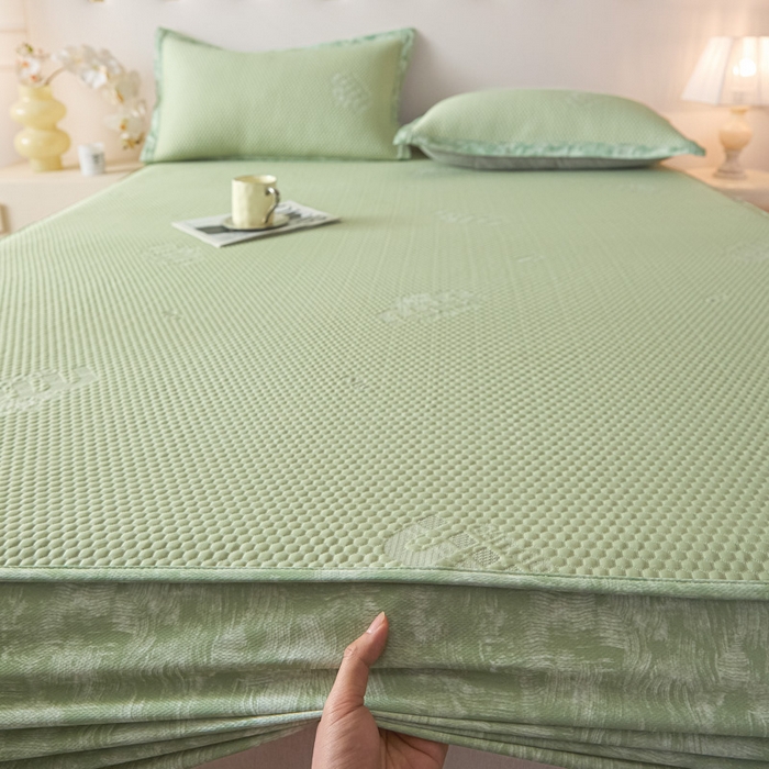 91家纺网 家纺一手货源 找家纺 鑫琪莱 2025新款5D立体雕花凉感豆豆冰丝席凉席席子系列 床笠款-迷你-果绿