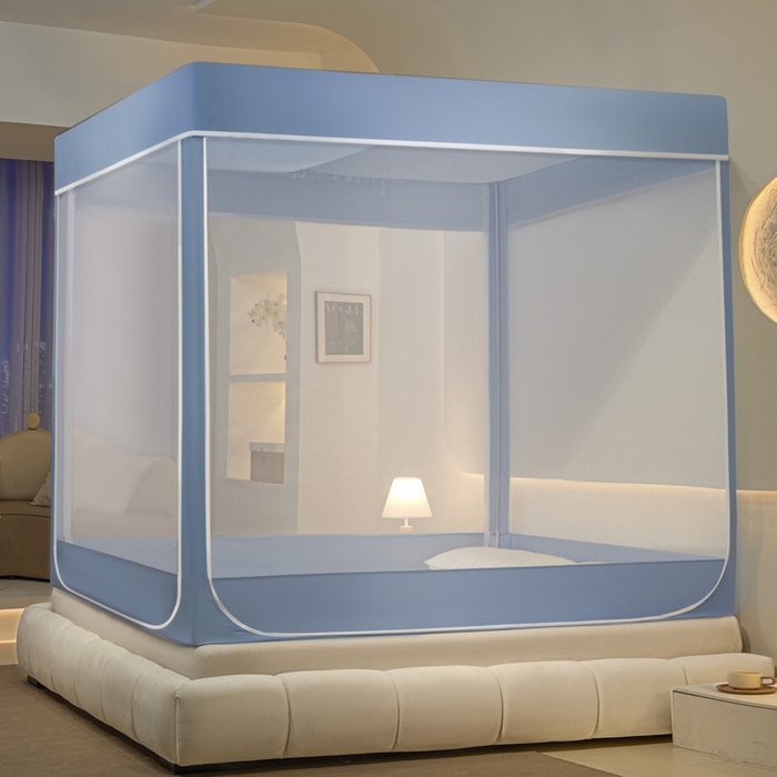 91家纺网 家纺一手货源 找家纺 兆星家纺 2025新款内穿带布帘蚊帐 纯色款 纯色-蓝灰（不含帘）