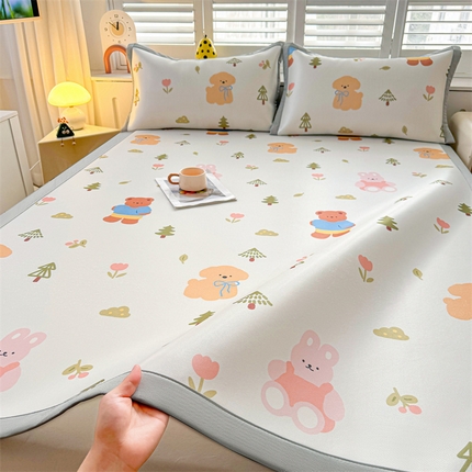 雯豆2025春夏新款碳光冰丝席三件套A类凉感印花三明治凉席 碳光冰丝席-绑带款-动物乐园