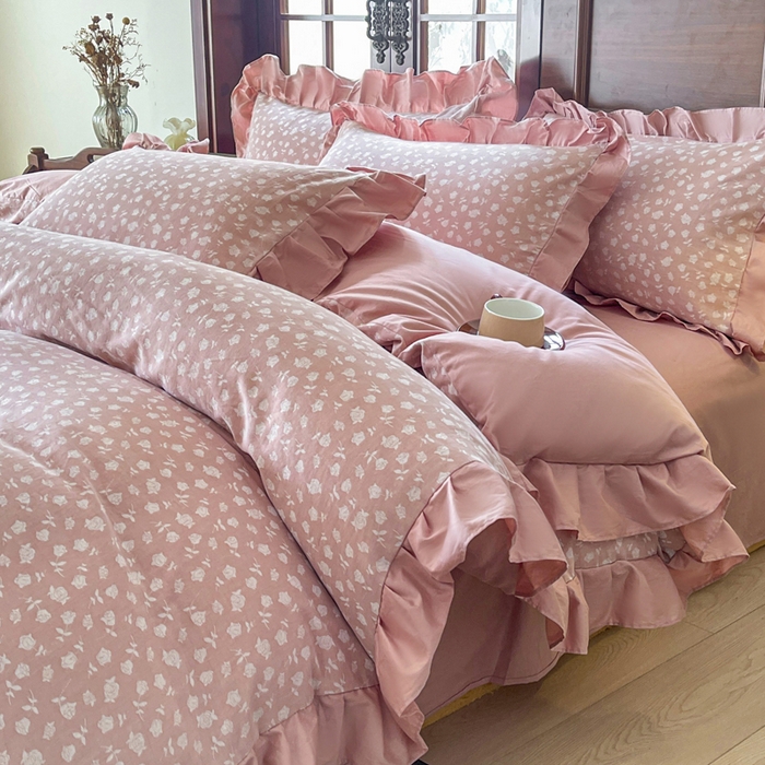 91家纺网 家纺一手货源 找家纺 锦格家纺 2025年春夏新款A类全棉纯棉色织三层纱提花四件套 莫泊玫瑰