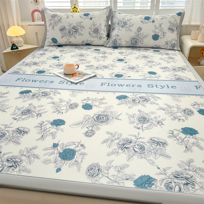 91家纺网 家纺一手货源 找家纺 雯豆2025春夏新款碳光冰丝席三件套A类凉感印花三明治凉席 碳光冰丝席-绑带款-诗韵-1