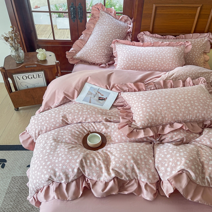 91家纺网 家纺一手货源 找家纺 锦格家纺 2025年春夏新款A类全棉纯棉色织三层纱提花四件套 莫泊玫瑰